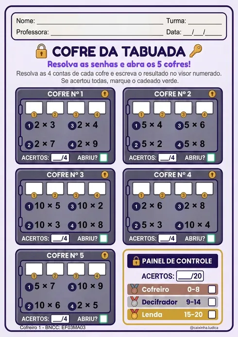 Folha do nível Aprendiz Cofreiro do Cofre da Tabuada, com cofres de tabuadas do 2, 5 e 10