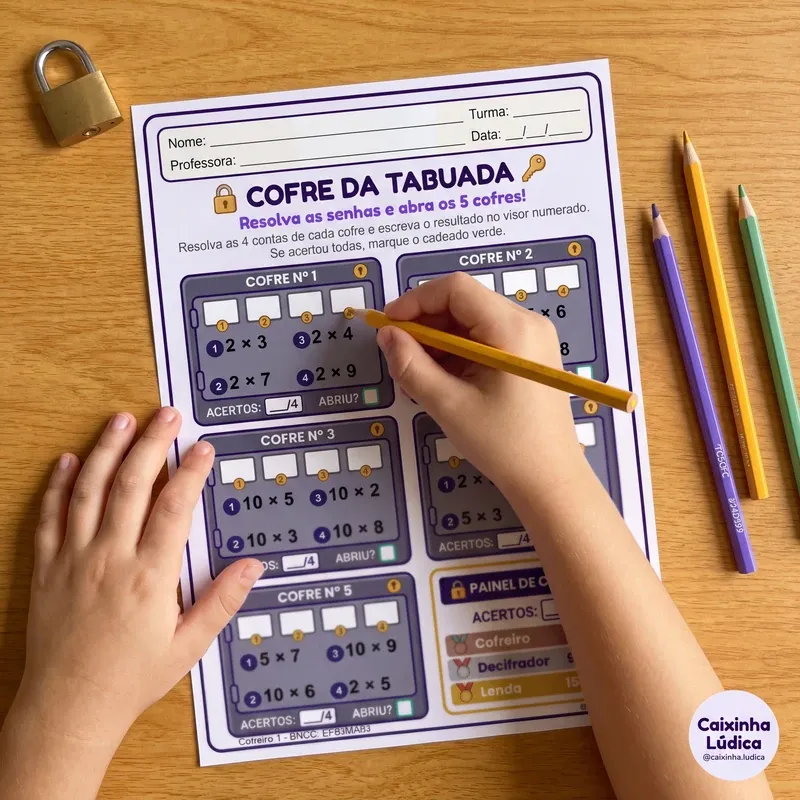 Aluno do 3º ano preenchendo uma folha do Cofre da Tabuada com lápis de cor em cima da mesa