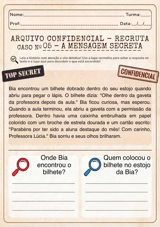 Ficha do Caso Nº 5 — A Mensagem Secreta, com a pergunta da lupa vermelha e a da lupa azul