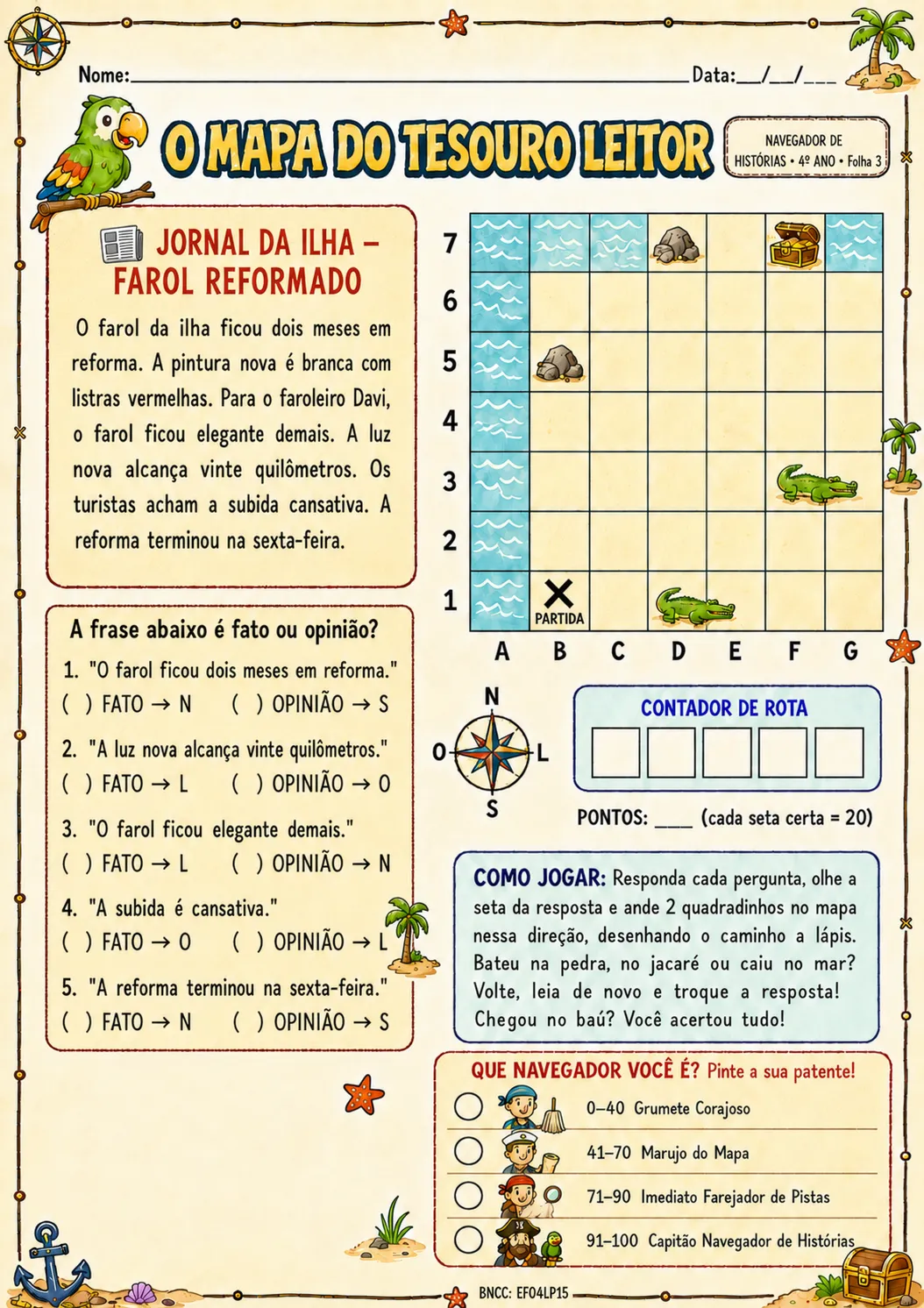 Folha do jogo:fato ou opinião do 4º ano