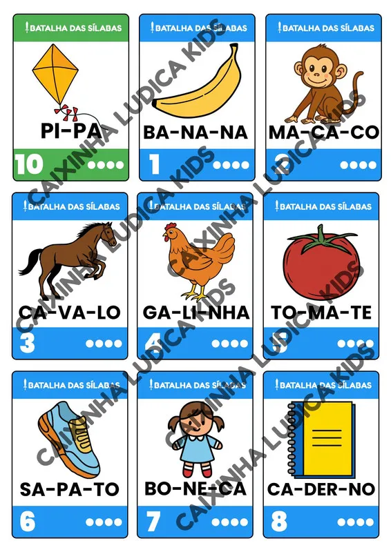 Carta de exemplo do jogo Batalha das Sílabas, com ilustração e sílabas coloridas