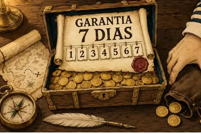 Garantia de 7 dias do Piratas do Tesouro Ortográfico: baú do tesouro com pergaminho mostrando 7 dias numerados e lacre de garantia