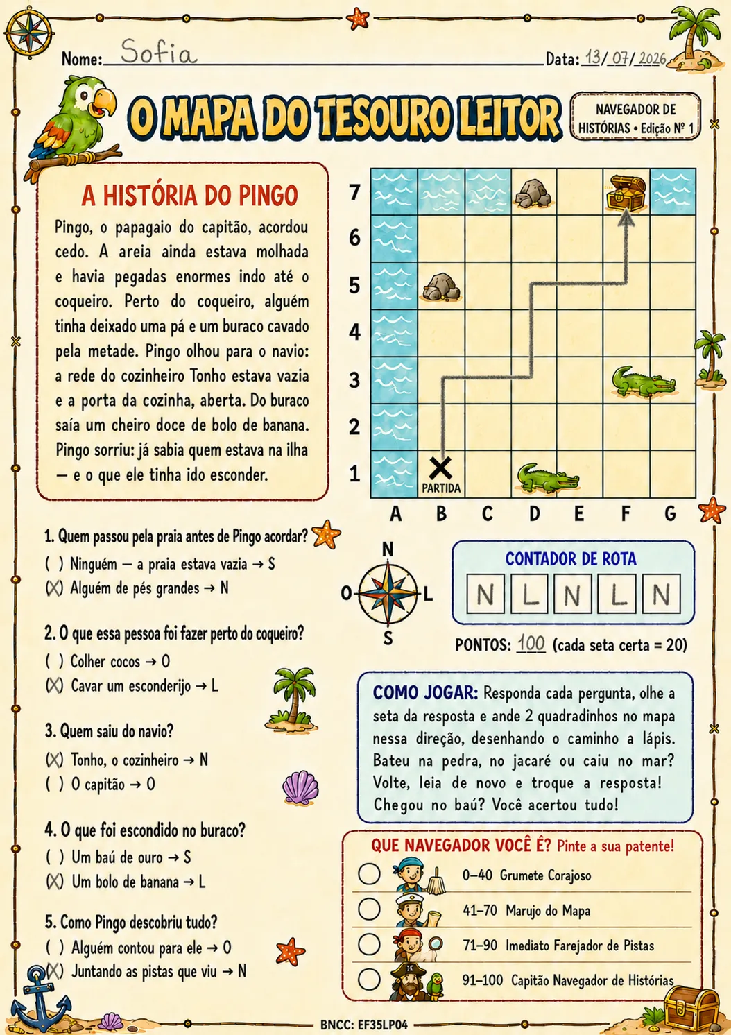 Folha respondida com a rota desenhada até o baú
