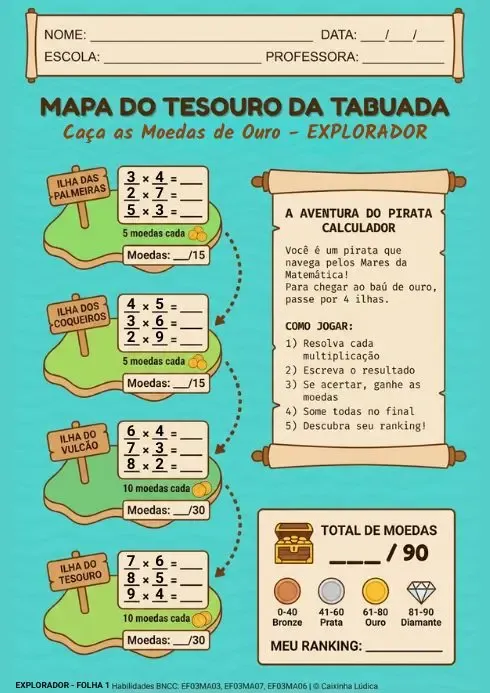Prévia do nível Explorador: 4 ilhas com multiplicações da tabuada do 2 ao 5