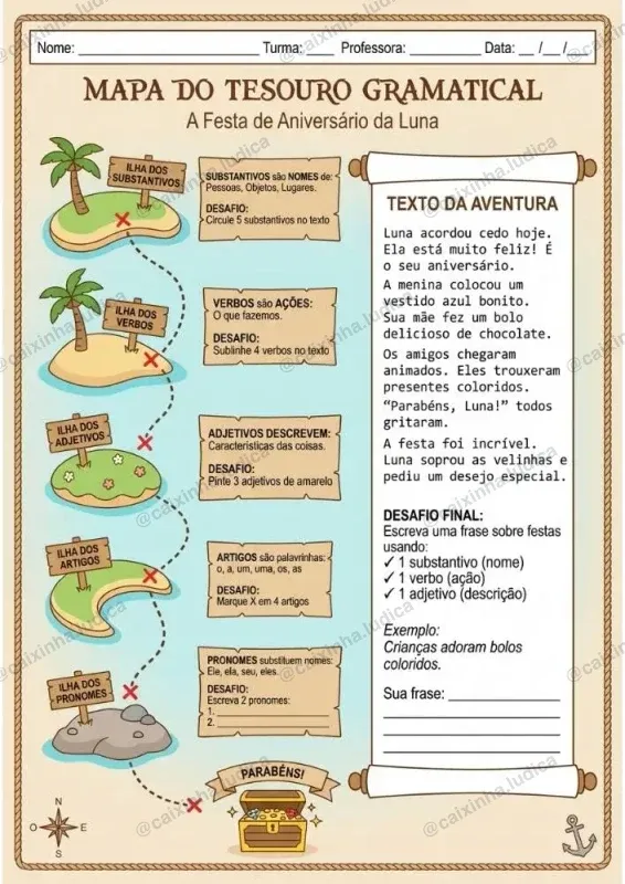 Mapa 'A Festa de Aniversário da Luna' — texto da aventura e desafios das 5 classes gramaticais em cada ilha